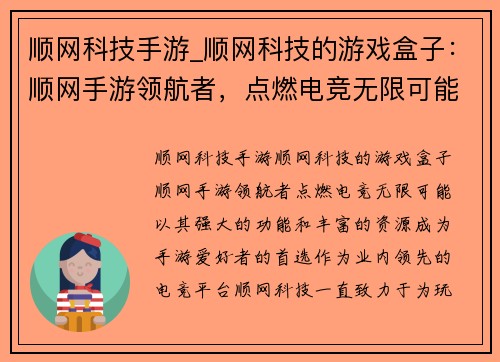 顺网科技手游_顺网科技的游戏盒子：顺网手游领航者，点燃电竞无限可能